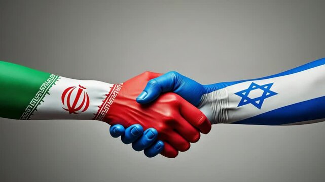 conceptual illustration animation  Hands painted with Iran and Israel flags shaking hands, symbolizing peace, resolved political conflict, diplomacy, and improved relations.