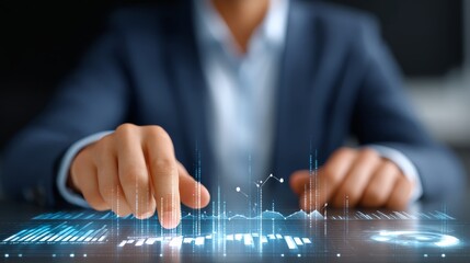 Professional Analyzing Data with Holographic Interface Displaying Statistics and Graphs in Modern Workspace