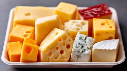 Assorted Cheese Cubes Neatly Arranged on a Platter Showcasing Varied Textures and Colors