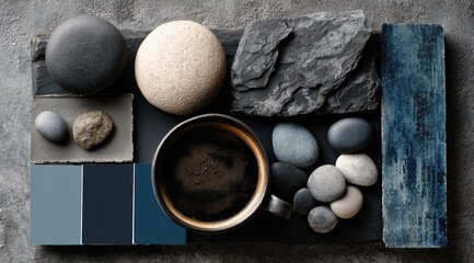 Flatlay of dark stones, pebbles, wood, a cup of coffee, and color swatches on a dark grey surface