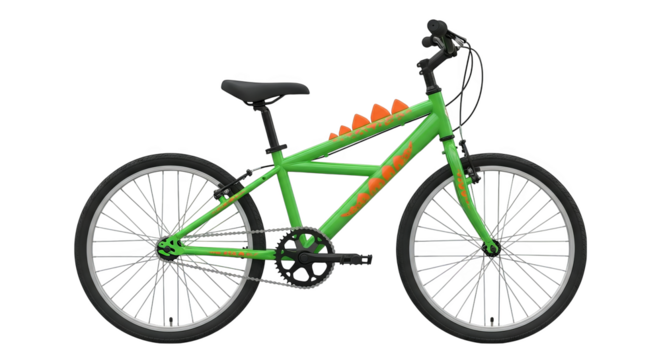 A green bicycle with orange dinosaur accents evokes youthful adventure and vibrant, playful energy.