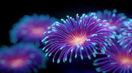 Fototapeta premium Vibrant Coral Polyps Glowing Under UV Light in an Underwater Environment