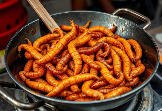 Golden-brown fried silkworms in a hot wok, Chiang Mai street food,   insects as food,   local food