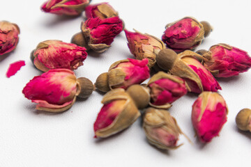 Rose flower dry tea isolated on a white background. Dry rose buds isolated