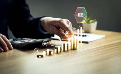Risk management and financial investment planning strategy. Stacked coins growth chart with finance icons. Businessman analyzing risk factors to minimize loss and improve return on investment (ROI)