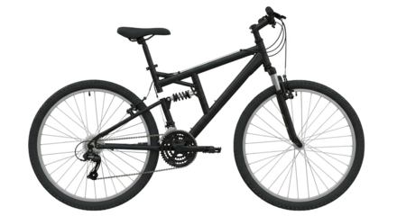 Detailed bicycle side view showcasing frame design, suspension, and tire treads in a studio setting