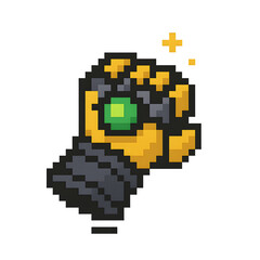Obraz premium 8-bit pixel art of a golden gauntlet with glowing green gem, spike details, and floating pixel sparks — ideal as RPG equipment or power-up icon