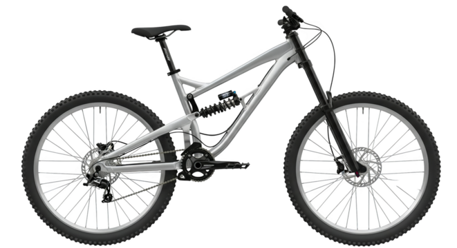 A silver mountain bike with front and rear suspension is presented on a low resolution style.