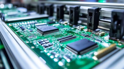 Precision Assembly Line Creating Electronic Circuit Boards on White Background with High Detail Close-Up Shot