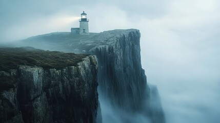 Misty coastal cliff with lighthouse