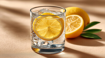 Refreshing sparkling water with lemon slices and ice in a glass.  Perfect summer drink!  Sunlight illuminates the vibrant citrus and bubbly beverage.