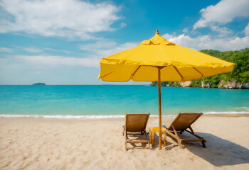 Fototapeta premium Sandy beach with umbrella and chair. Tropical holiday.