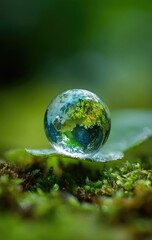 Miniature Earth globe rests on a dew-kissed leaf atop vibrant green moss, symbolizing environmental fragility and the need for preservation