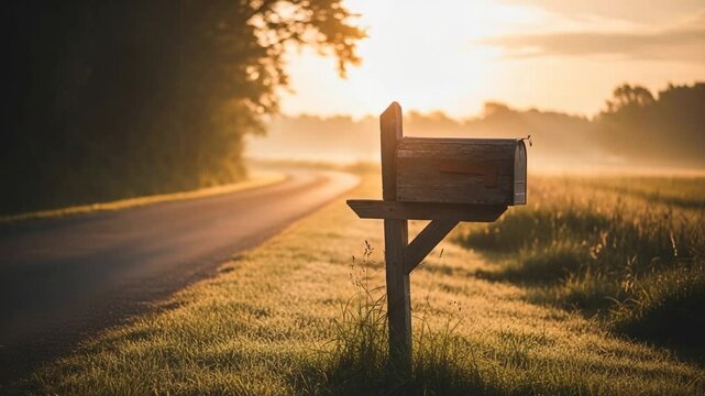 Rustic Mailbox Stands Guard on Rural Road at Sunrise with Golden Sunlight Filtering Through Misty Fields in Quiet Countryside