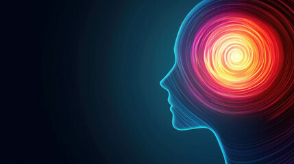Fototapeta premium Abstract representation of human head with vibrant glowing design and colorful energy in swirling motion, symbolizing creativity and imagination