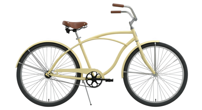A tan vintage cruiser bicycle with brown leather seat is poised for an enjoyable ride outdoors.