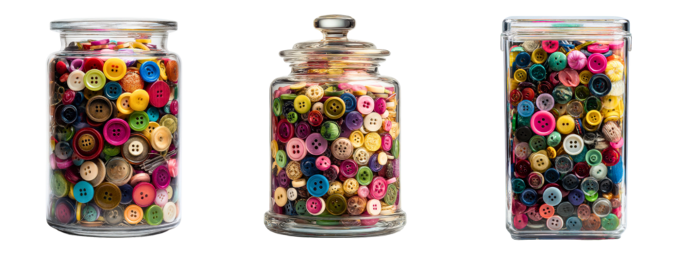 Set of transparent containers holding colorful buttons and sewing supplies isolated on a white or transparent background