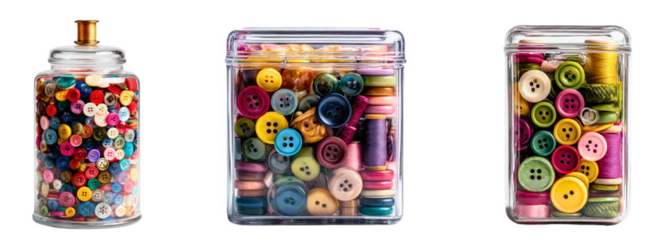 Collection of transparent containers filled with colorful buttons and sewing supplies isolated on a white or transparent background