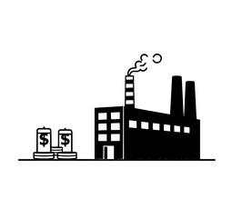 Obraz premium Factory Production & Profit: A stark black and white line art illustration depicts a factory emitting smoke, symbolizing production, alongside dollar signs representing profit.
