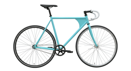 A sleek, light blue fixed-gear bicycle features thin tires and white wrapped handlebars on display.