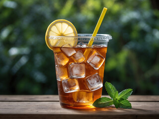 Plastic glass with ice tea and lemon on wooden table with green garden on the background. Summer drink and refreshment. Ai Generative.