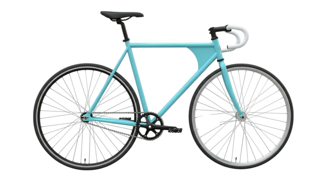 A sleek, light blue fixed-gear bicycle features thin tires and white wrapped handlebars on display.