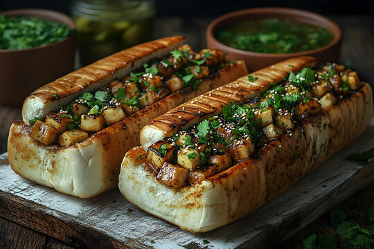 Grilled tofu sandwich with sesame seeds and herbs