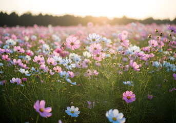 Fototapeta premium Pastel Cosmos Flowers in a Field at Dusk, Symbolizing Serenity and Natural Beauty for Wellness and Mindfulness Campaigns