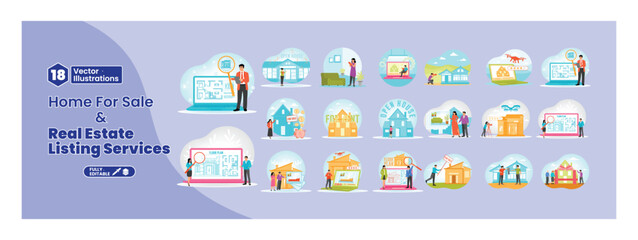 Real estate and home sales vector illustrations for listings and marketing. Mega set.