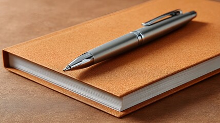 Silver pen rests on an elegant orange notebook