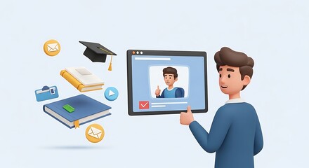 A young man watches an online educational video presentation, surrounded by educational icons.