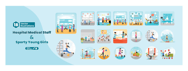 Hospital medical staff and sporty young girls illustration set. Mega set.