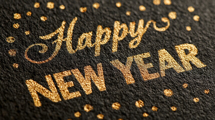 Golden Greetings: A celebratory close-up of "Happy New Year" written in shimmering gold. The textured black background provides a perfect contrast.