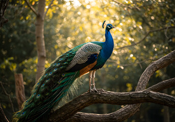 Peacock perched on branch in forest