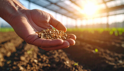 Nurturing Seeds of Growth: A close-up shot captures a farmer's hand gently cradling seeds, against the backdrop of a sunlit, promising field and green house.