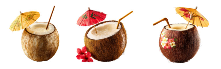 Set of tropical coconut drinks served in halved coconut shells with straws and umbrellas isolated on a white or transparent background