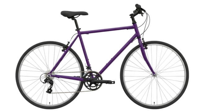 A vibrant purple bicycle stands poised, ready for an urban adventure or scenic trail ride.