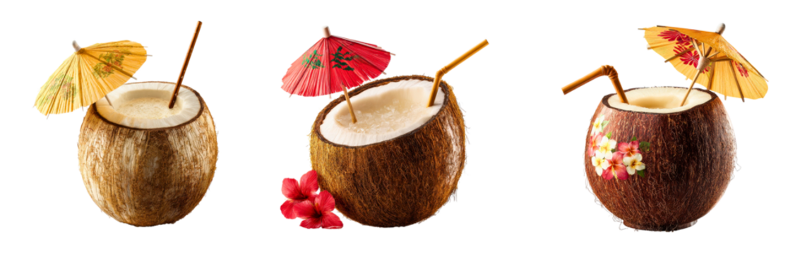 Set of tropical coconut drinks served in halved coconut shells with straws and umbrellas isolated on a white or transparent background - Powered by Adobe