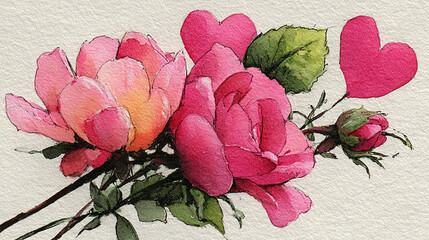 Watercolor Floral Romance: An exquisite watercolor composition features delicate roses in full bloom, surrounded by tender leaves and complemented by whimsical heart motifs, evoking a sense of love.