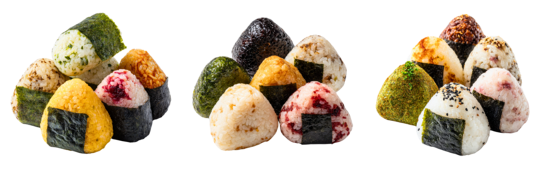 Set of Japanese onigiri rice balls with different fillings and seaweed wraps isolated on a white or transparent background