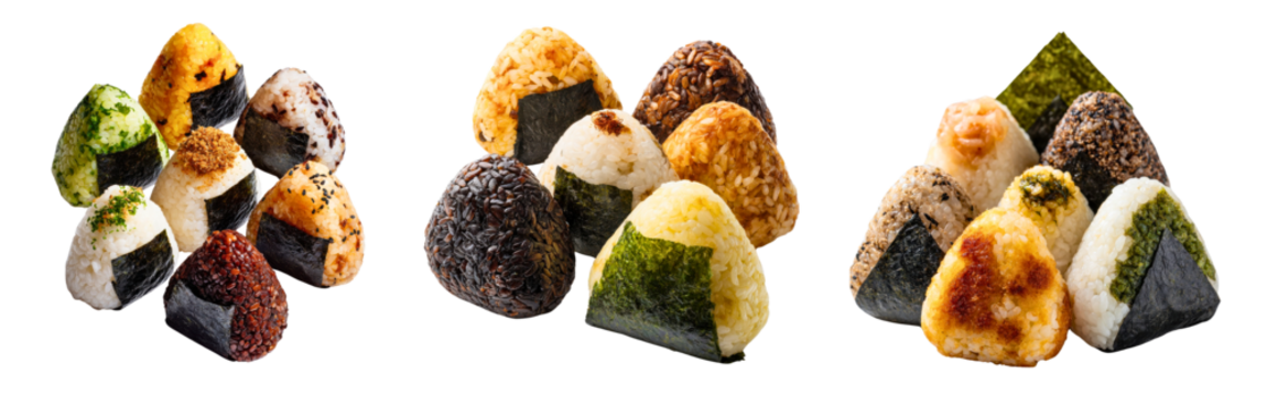 Collection of Japanese rice balls onigiri with assorted fillings and seaweed wraps isolated on a white or transparent background