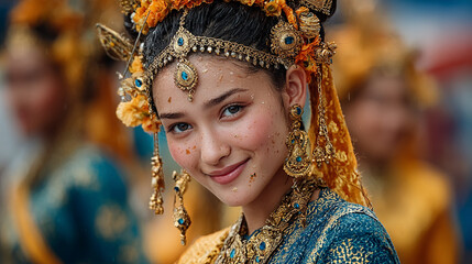 Elegance in Adornment: A radiant figure embodies regal grace, her attire resonating with an era of cultural heritage, her expression radiating poise.