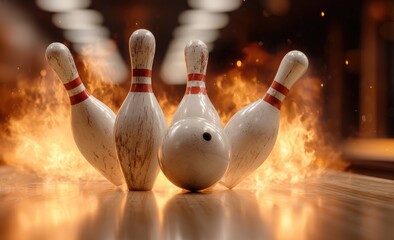 Flaming bowling pins and ball knocked down in dramatic action shot