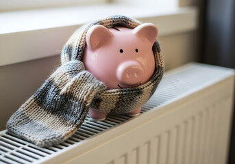 Pink piggy bank wearing a knitted scarf sitting on a radiator, representing saving money on heating costs