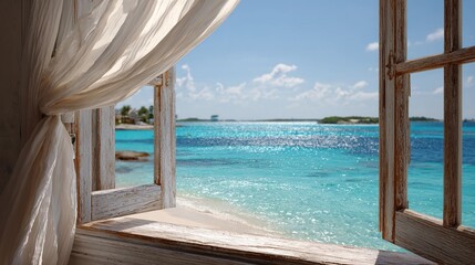 Fototapeta premium Open window overlooking tropical beach with turquoise ocean and white curtain