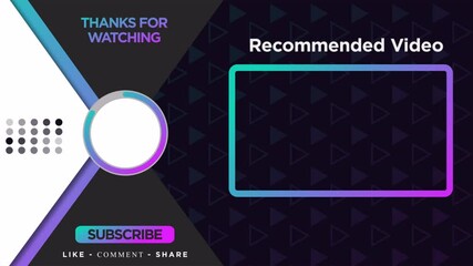 YouTube End Screen with Subscribe Button, Recommended Video Box, and Thanks for Watching Text