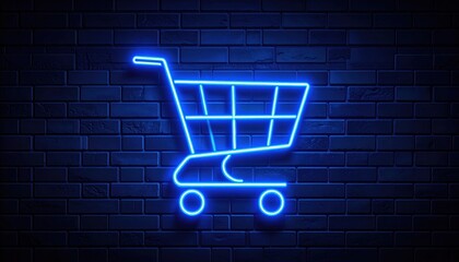 Glowing blue neon shopping cart sign against a dark brick wall background
