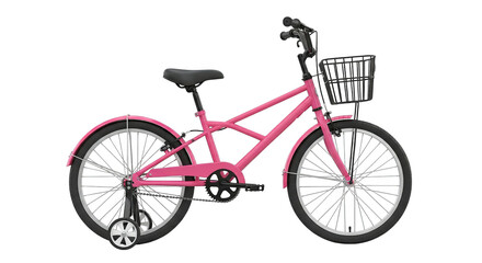 A pink bicycle with training wheels and a basket designed for children, evoking fun memories.