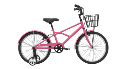 A pink bicycle with training wheels and a basket designed for children, evoking fun memories.