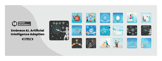 Set of vector illustrations depicting artificial intelligence and technology integration. Mega set.